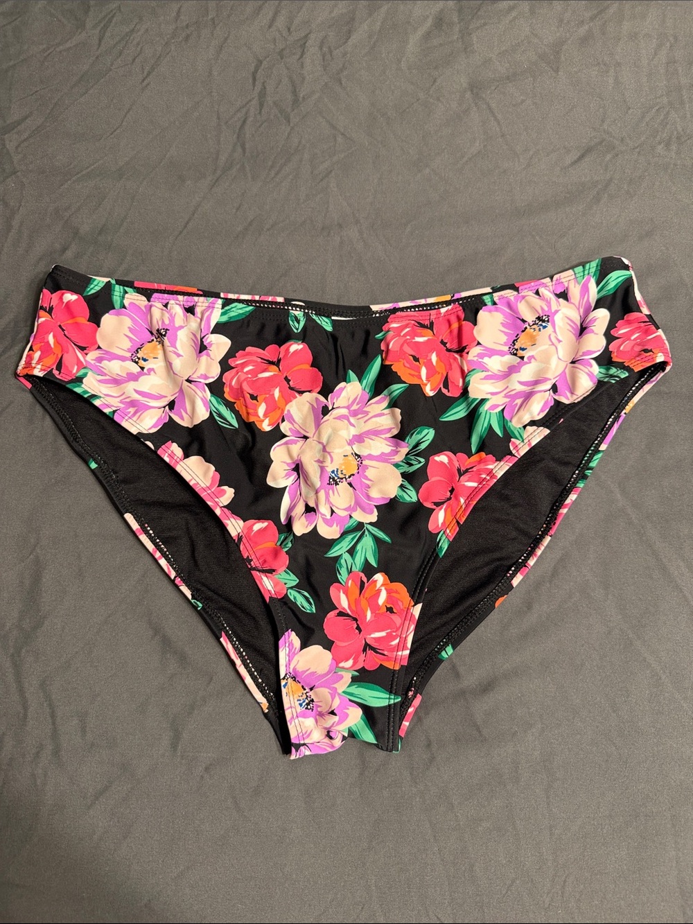 Time and Tru Black Floral Bikini Bottoms with Pink & Red Blooms